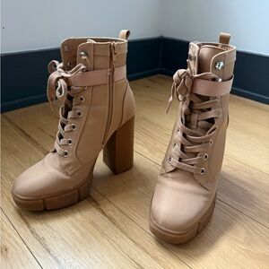 Herrick Heel Platform Ankle-Strapped Pouch Combat Boots Tan